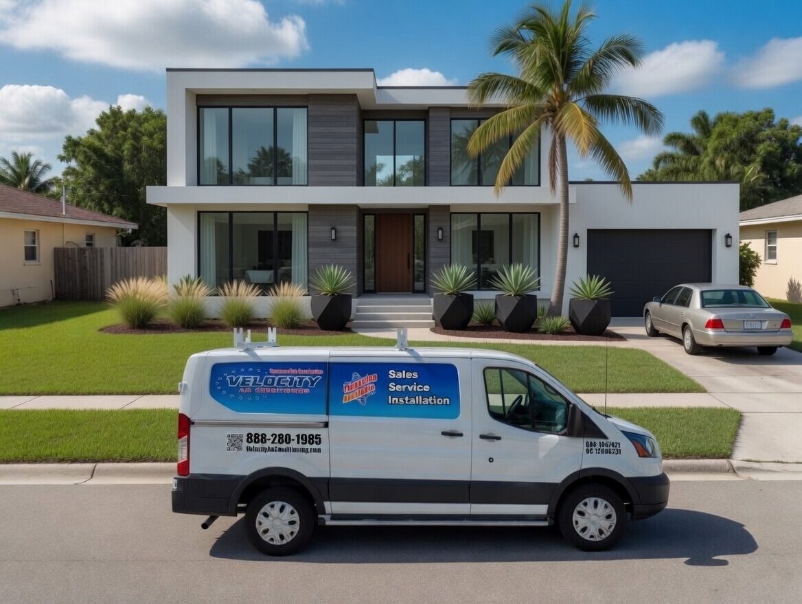Velocity Air technician and service van at a local home