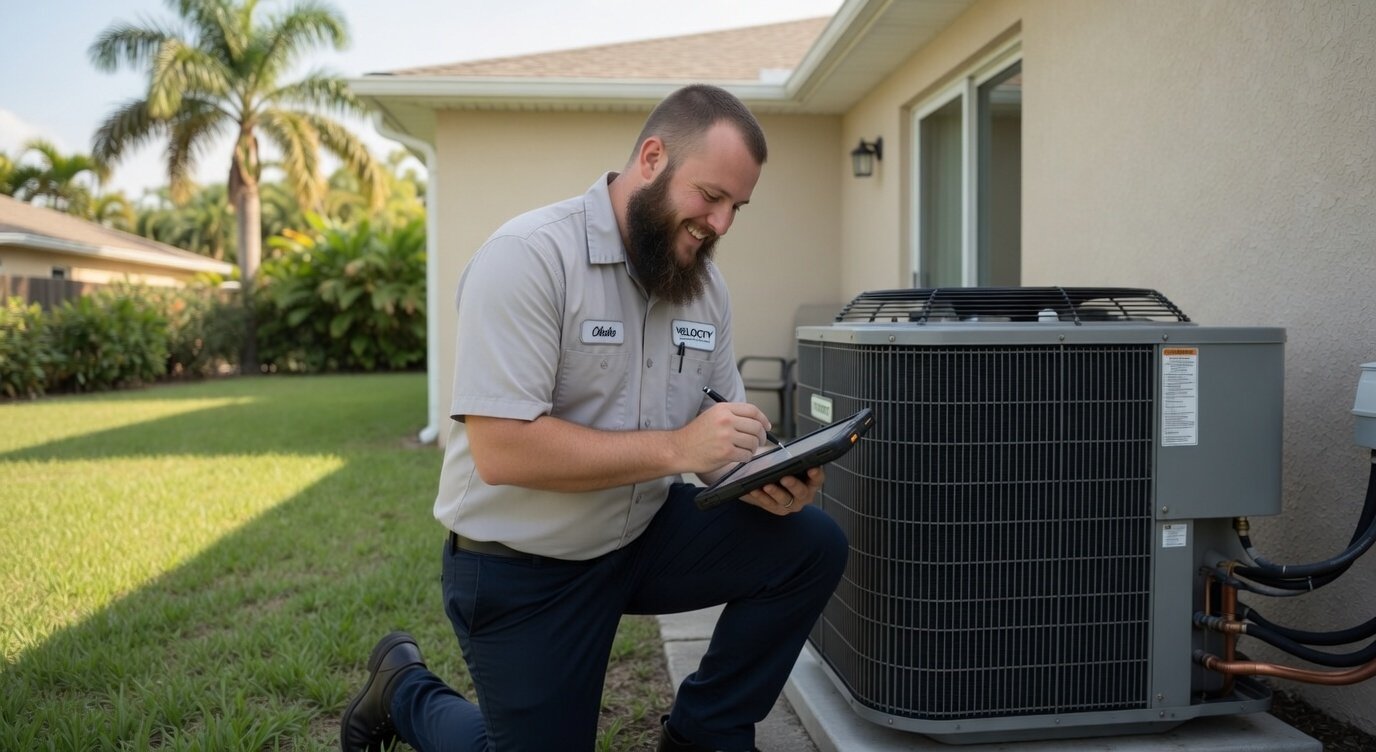 Velocity Air technician and service van at a local home