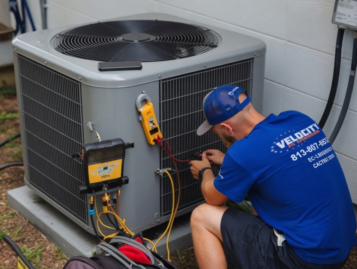 Velocity Air technician inspecting AC repair costs and diagnostics
