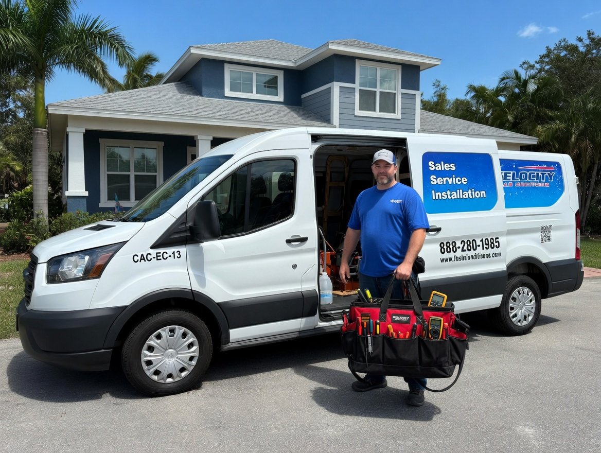 Velocity Air technician inspecting AC repair costs and diagnostics