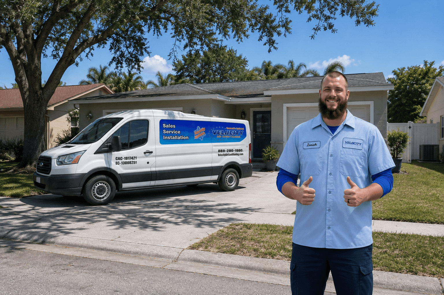 Velocity Air Conditioning technician servicing HVAC equipment in Holiday