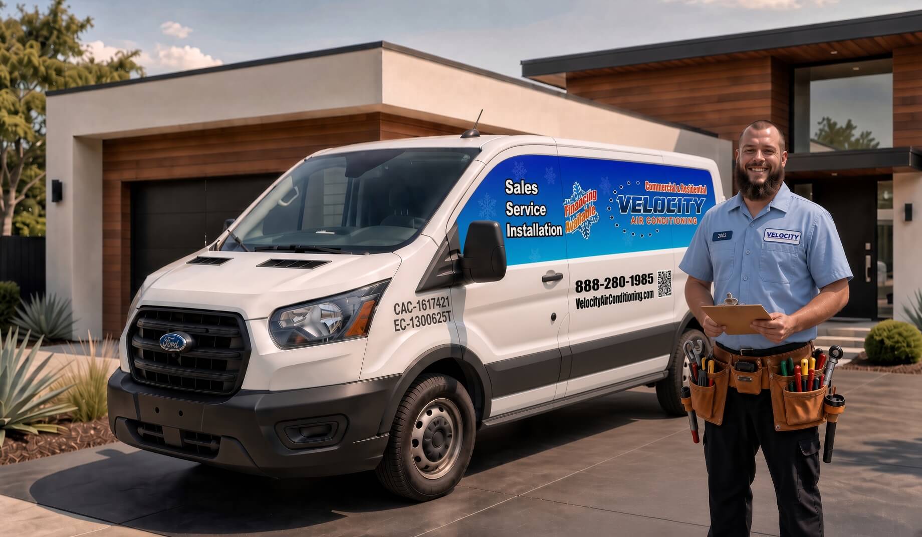 Velocity Air Conditioning technician inspecting HVAC equipment
