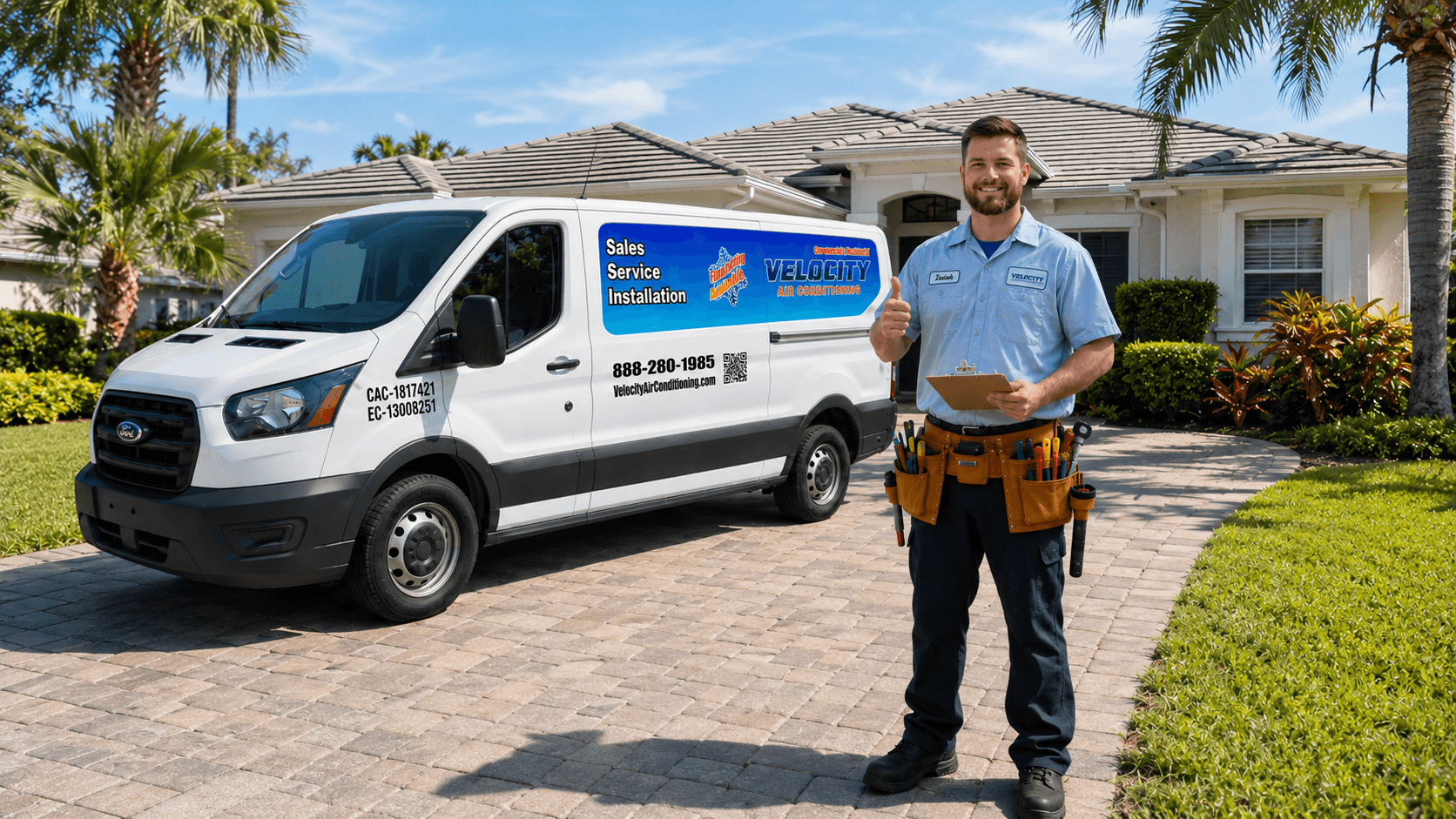 Velocity Air Conditioning technician inspecting a residential HVAC condenser in Hardee County