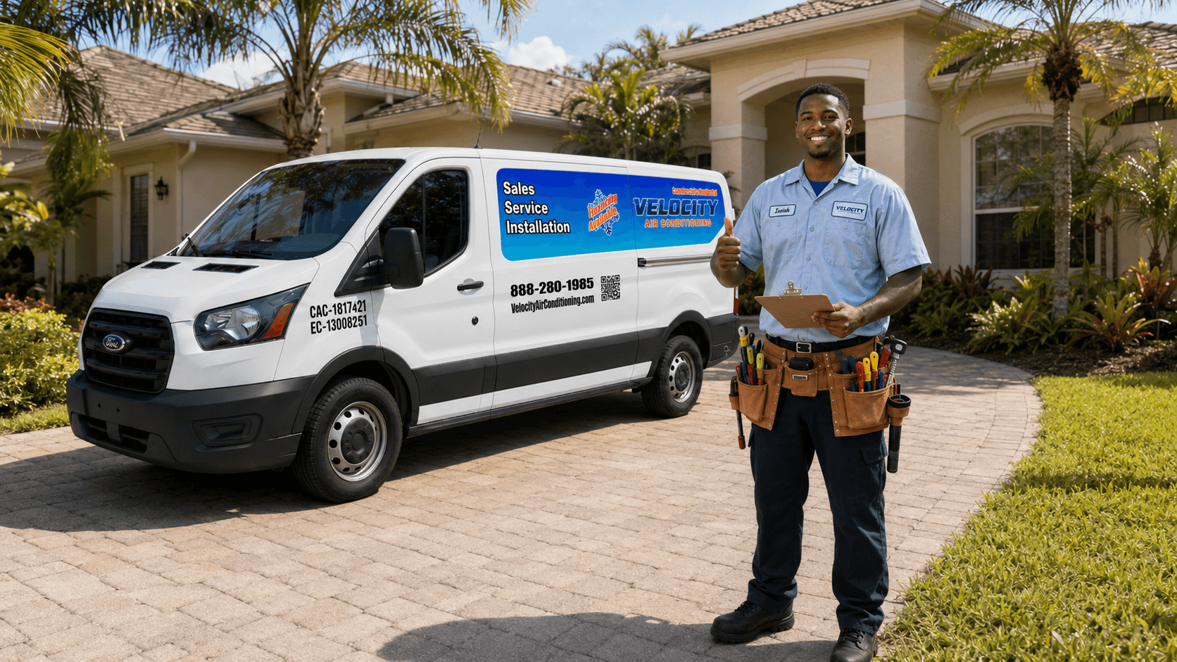 Velocity Air Conditioning technician inspecting a residential HVAC condenser in Pasco County