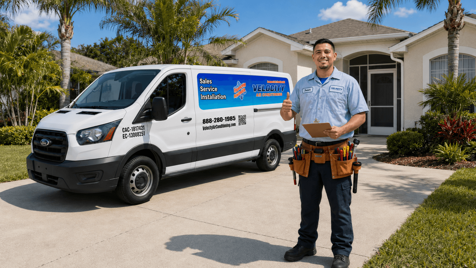 Velocity Air Conditioning technician servicing HVAC equipment in Estero