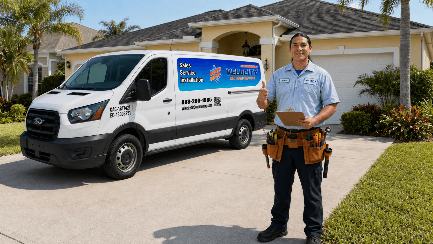 Velocity Air Conditioning technician inspecting HVAC equipment