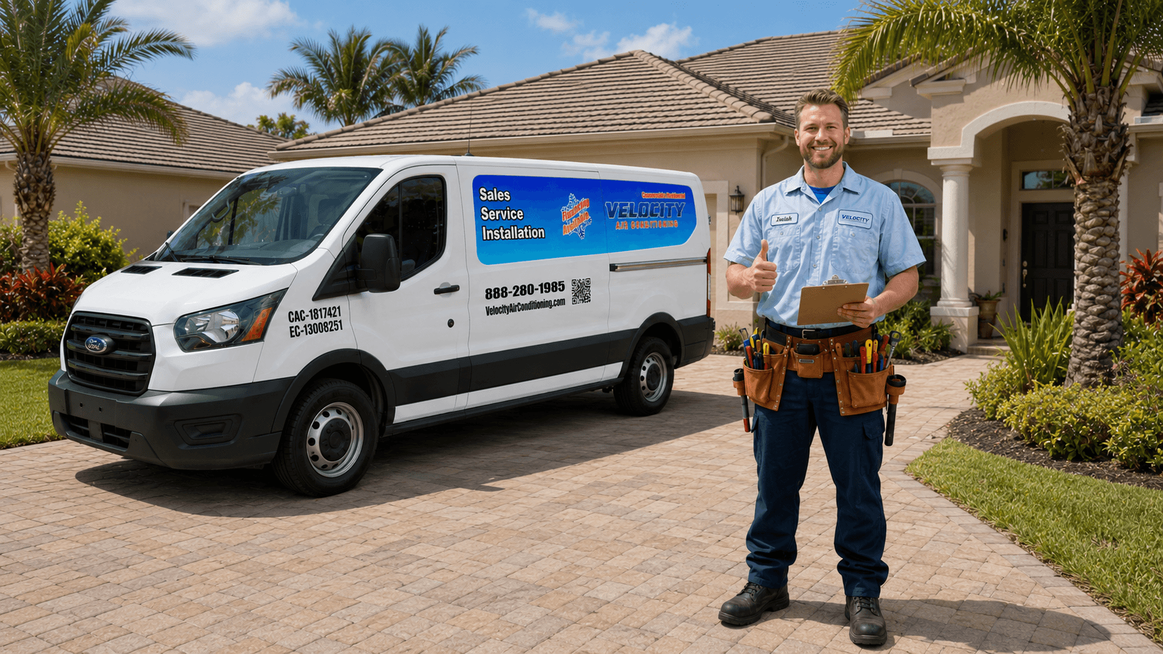 Velocity Air Conditioning technician inspecting HVAC equipment