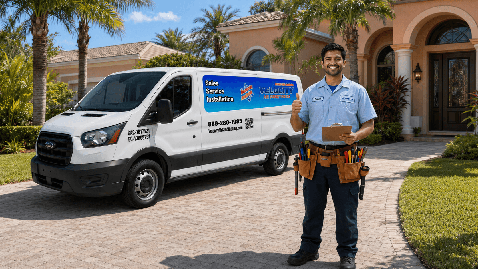 Velocity Air Conditioning technician inspecting HVAC equipment