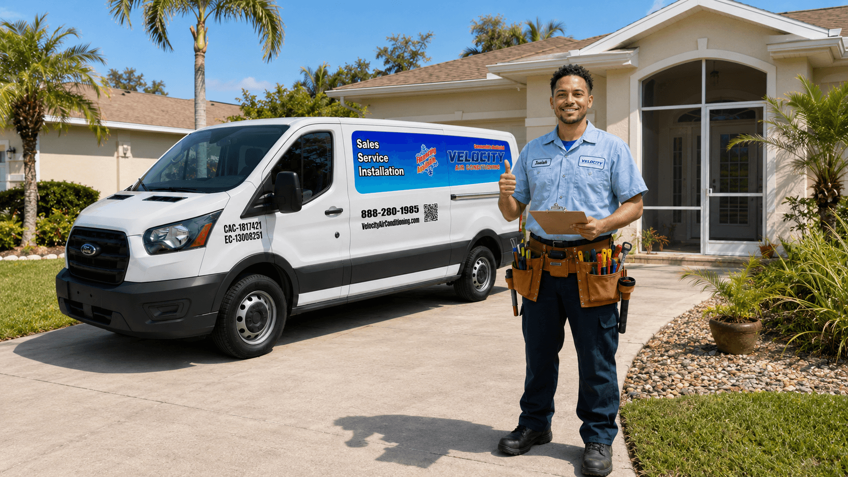 Velocity Air Conditioning technician servicing HVAC equipment in New Port Richey