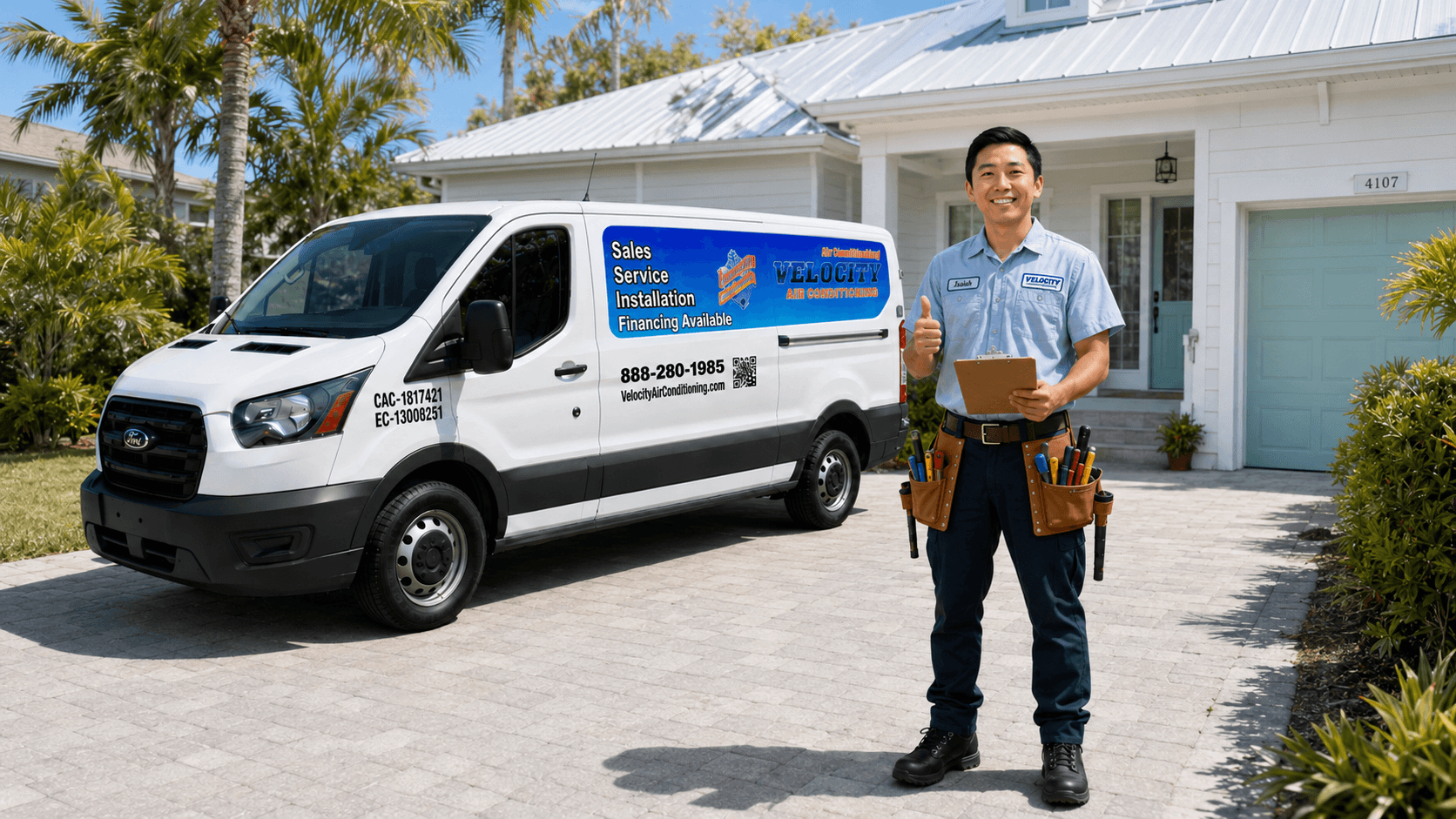 Velocity Air Conditioning technician inspecting a residential HVAC condenser in Pinellas County