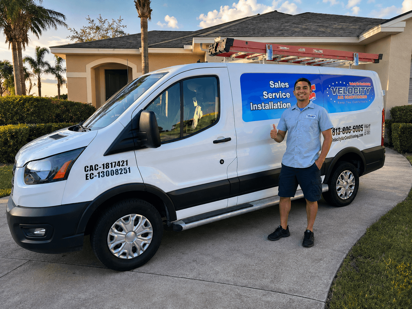 Velocity Air Conditioning technician inspecting a residential HVAC condenser in Lee County