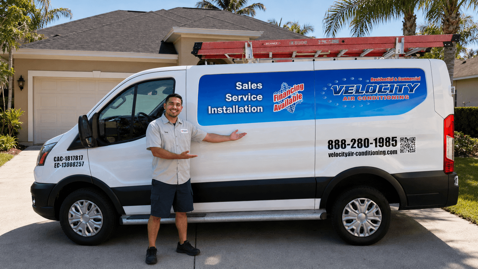 Velocity Air Conditioning technician beside a service van at a Tampa Bay home