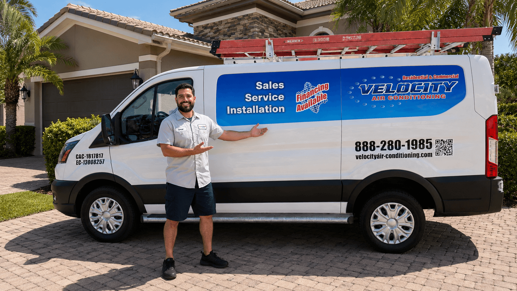 Velocity Air Conditioning technician inspecting a residential HVAC condenser in Manatee County