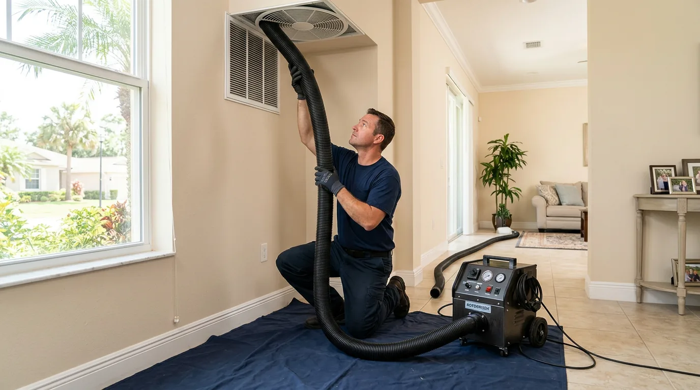 Technician using a vacuum hose at a ceiling air vent.